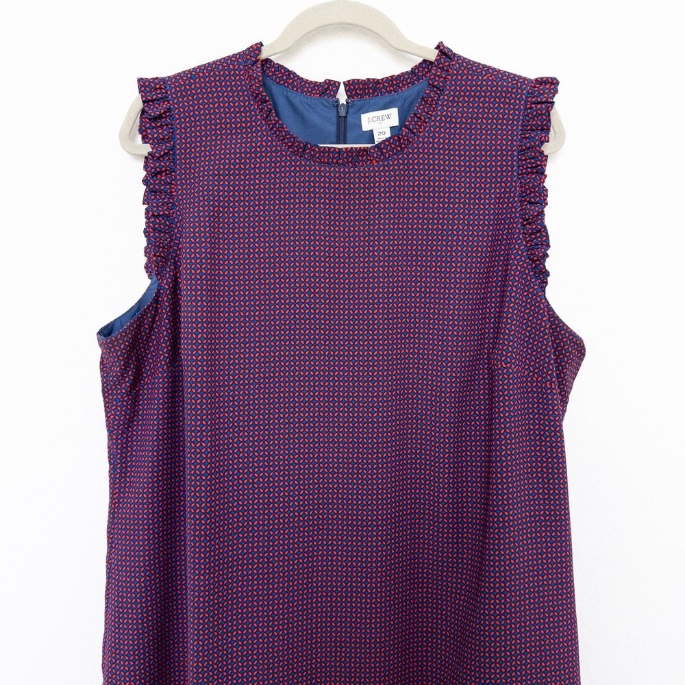 J.Crew Women Dress 20 Blue Red Geometric Ruffle Sleeveless Shift J5626 - Picture 3 of 9